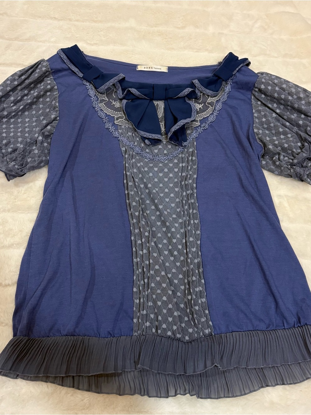 AXES Femme Navy Blue Lace-Trim Bow Front Blouse